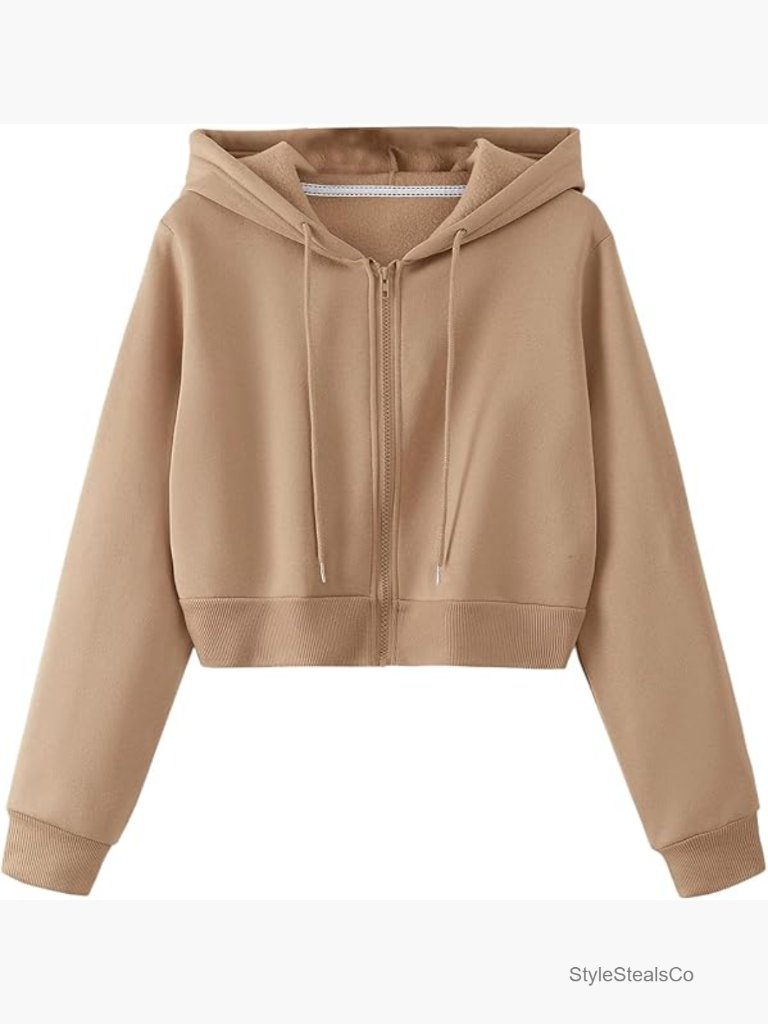 Long Sleeve Zip Hoodie Crop Sweatshirt With Drawstring And Kangaroo Pocket